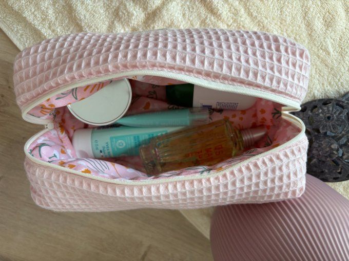 Trousse de toilette Eugénie - Nid d'abeille Rose Pâle/ Fleurs des champs